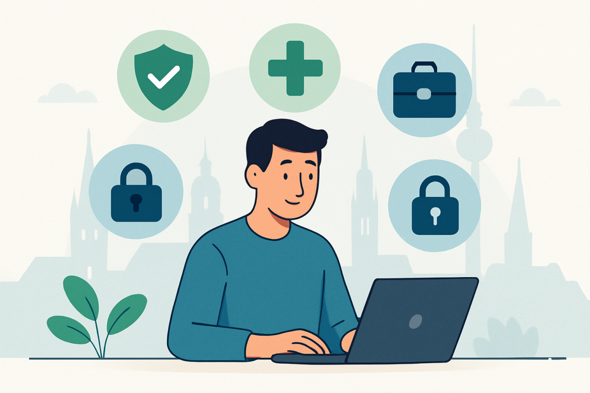Vier wichtige Versicherungen für Freelancer in Deutschland dargestellt durch Icons und eine Freelancerin.