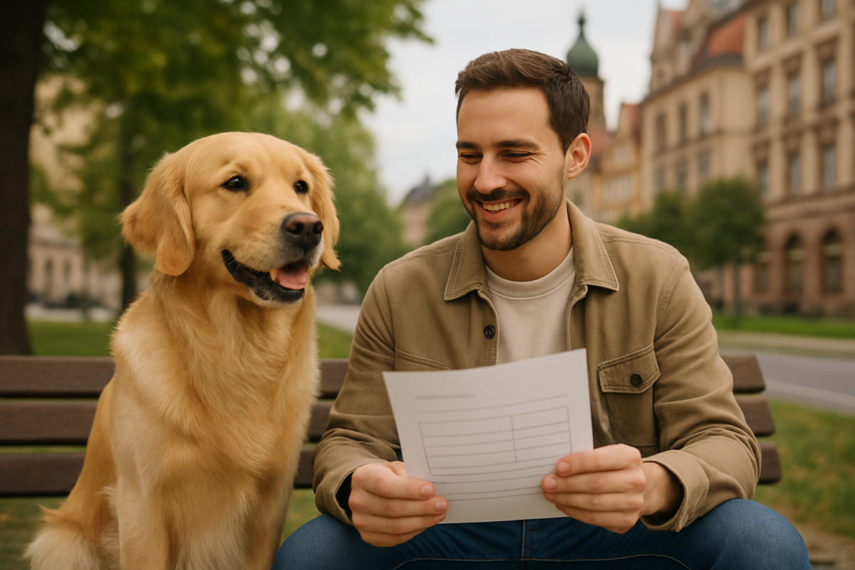 Ein glücklicher Hund neben seinem Besitzer, der eine Hundehaftpflicht Deutschland Police hält.