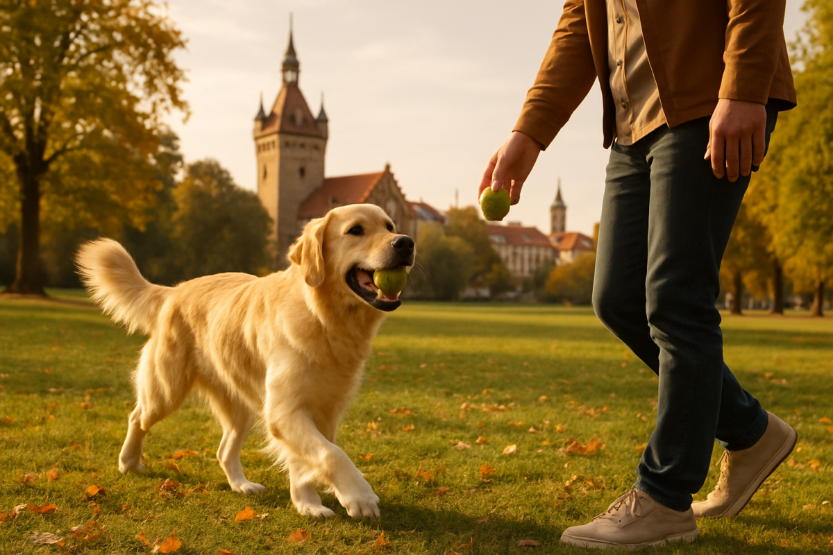 Ein glücklicher Hund spielt in einem deutschen Park, mit Fokus auf die Bedeutung der Hundehaftpflicht Deutschland.