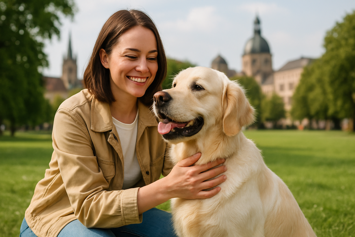 Ein glücklicher Hundebesitzer mit seinem Hund, der die Sicherheit durch Hundehaftpflicht Deutschland symbolisiert.