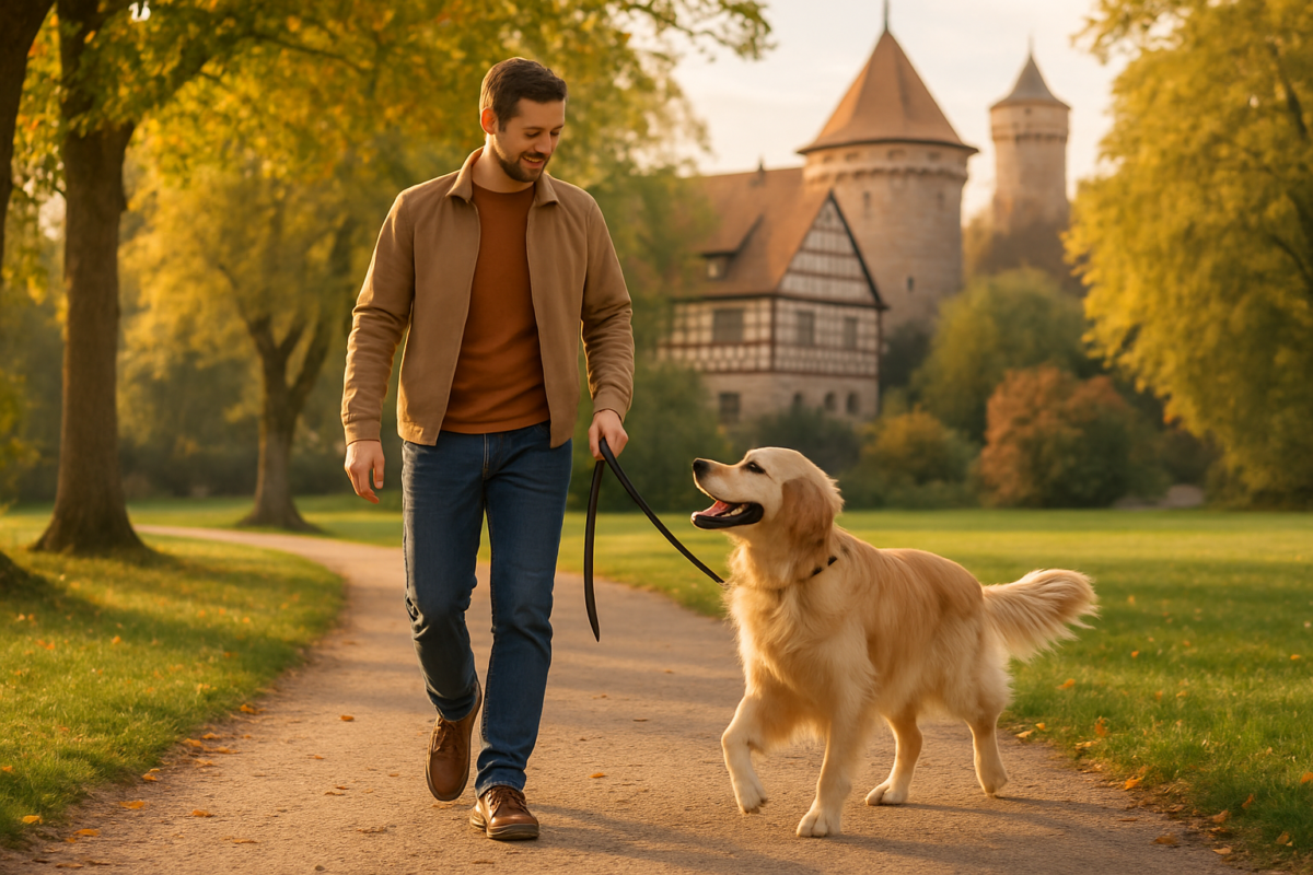 Ein glücklicher Hund an der Leine mit seinem Besitzer in einem deutschen Park, illustrierend die Wichtigkeit der Hundehaftpflicht Deutschland.