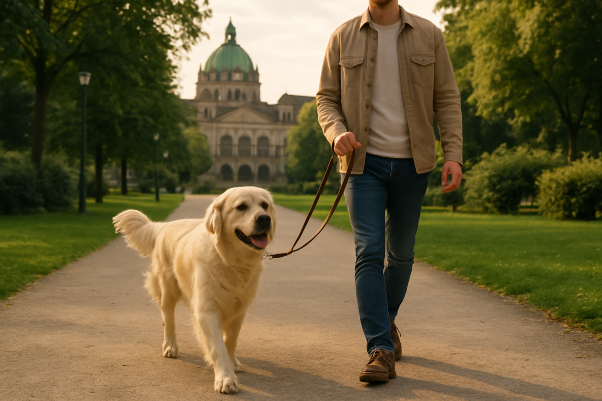 Glücklicher Hund mit Besitzer im Park, symbolisiert den Schutz durch Hundehaftpflicht Deutschland