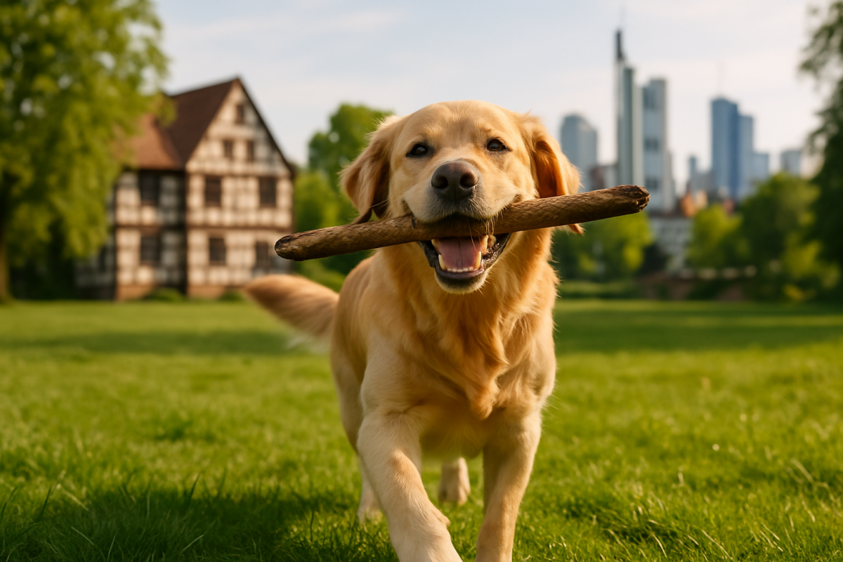 Ein glücklicher Hund spielt in einem deutschen Park, versichert durch Hundehaftpflicht Deutschland.